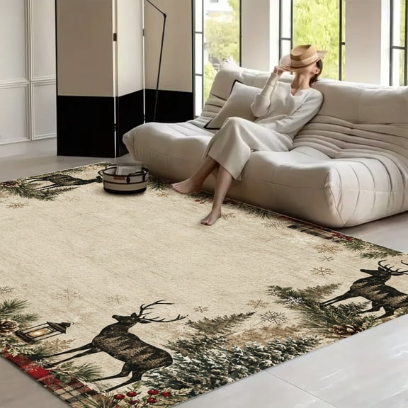 RKSupls Woodland Cabin Deer Winter Lodge Soft Fluffy Velvet Area Rug for Living Room Bedroom, Non-Slip Washable Carpet, Modern Minimalist Home Decor Floor Mat