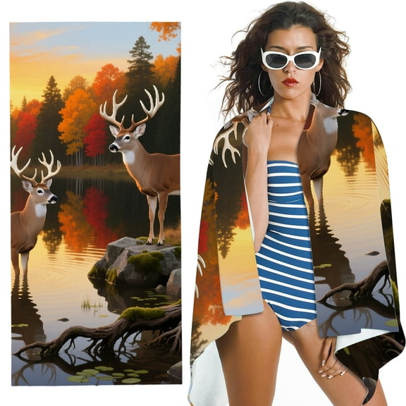 RKSupls Yellow Autumn Landscape Golden Animal Deer Oversized Microfiber Beach Towel, Ultra-Soft Microfiber Suitable for Bathroom, Beach, Soft Super Absorbent- 30x60 in