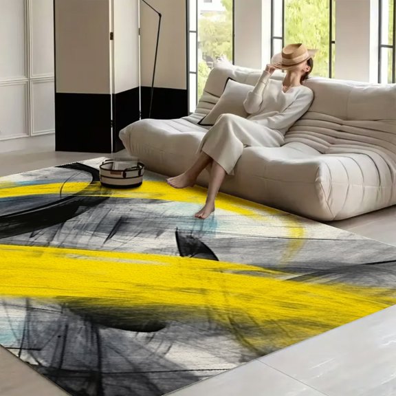 RKSupls 4x3ft Yellow Black Abstract Circles Soft Fluffy Velvet Area Rug for Living Room Bedroom, Non-Slip Washable Carpet, Chic Minimalist Home Decor