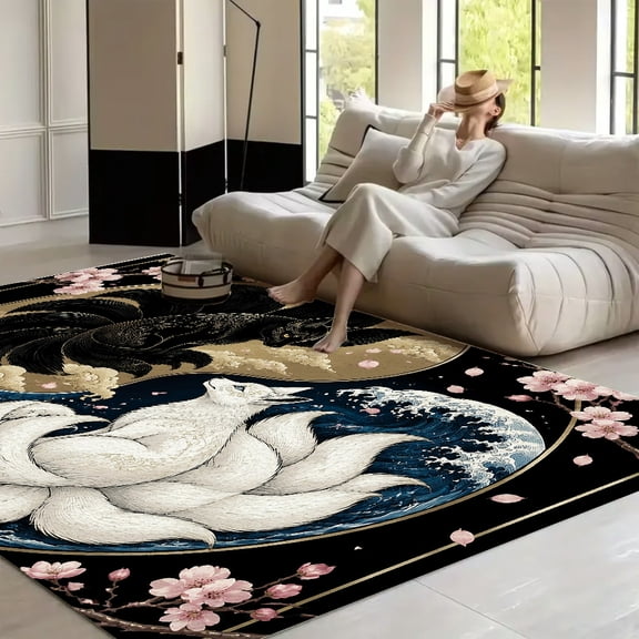 RKSupls Yin Yang Nine Tailed Foxes  Soft Fluffy Velvet Area Rug   for Living Room Bedroom, Non-Slip Washable Carpet, Modern Minimalist Home Decor Floor Mat