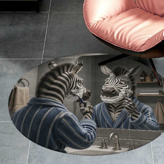 RKSupls Zebra Bathroom Shaving Mirror Round Flannel Floor Mat, Soft Non-Slip Washable Rug suitable for Living Room Bedroom Study, Decorative Floor Rug