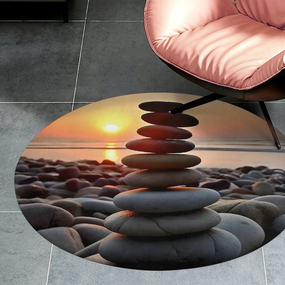 RKSupls Zen Stones Beach Sunset Round Flannel Floor Mat, Round Flannel Floor Mat, Soft Non-Slip Washable Rug suitable for Living Room Bedroom Study, Decorative Floor Rug