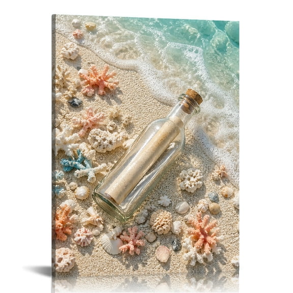 RKSupls beach message bottle shell coral sand ocean  Canvas Print, Canvas Wall Art,  Modern Art Bathroom Bedroom Kitchen Wall Decor Prints