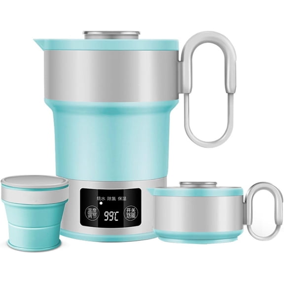 RKXQT 0.6L Travel Foldable Electric Kettle with LED Digital Display Portable Food Grade Silicone Cookerware BPA Free Fast Boiling with Boil-Dry Protection Dual Voltage Auto Shift (Color : Blue)