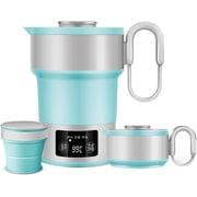RKXQT 0.6L Travel Foldable Electric Kettle with LED Digital Display Portable Food Grade Silicone Cookerware BPA Free Fast Boiling with Boil-Dry Protection Dual Voltage Auto Shift Color Blue