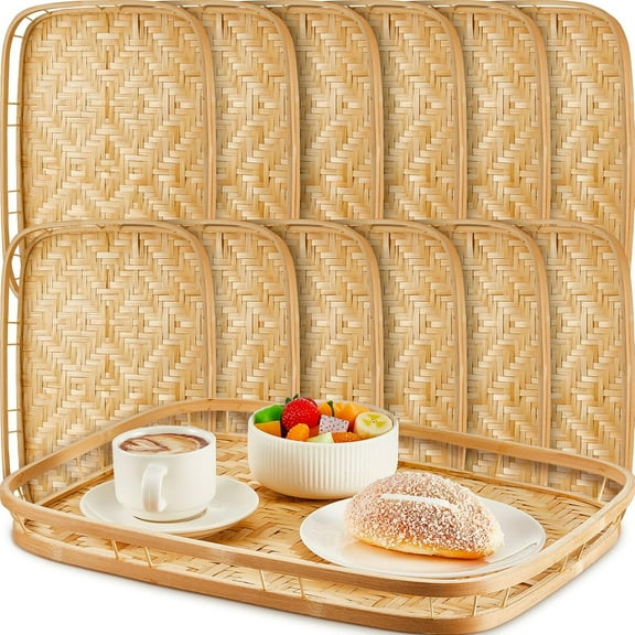 RKXQT 12 Pcs Bamboo Wicker Serving Trays 16.93 x 13 x 1.57 Inch Hand Woven Lap Trays for Eating Rectangular Flat Basket Tray Decorative Bedroom Bed Tray for Eating Dinner Tray Fruit Snack Holder