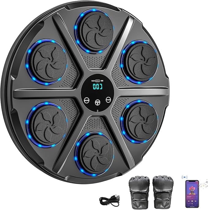RKXQT 2025 Music Boxing Machine, Smart Bluetooth Music Boxing Training Equipment with Gloves & LED Display, Wall Mounted Machine for Adults and Kids,12 Modes&Speeds, Suitable for Workouts,Home,Gym C