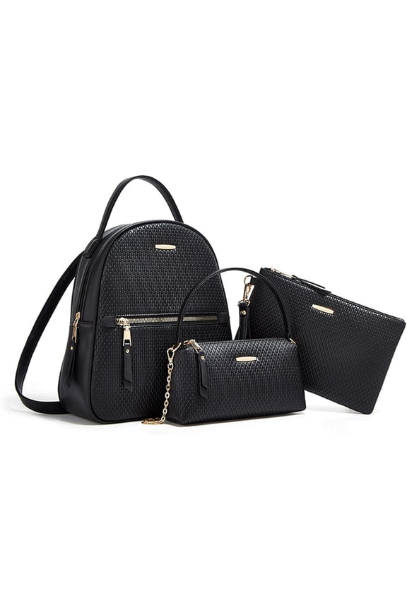 3 Ways Lightweight Backpack Purse for Women PU Leather Travel Daypack Convertible Ladies Shoulder Bag Set 3 Pcs (Black)