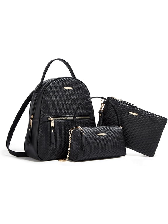 3 Ways Lightweight Backpack Purse for Women PU Leather Travel Daypack Convertible Ladies Shoulder Bag Set 3 Pcs (Black)