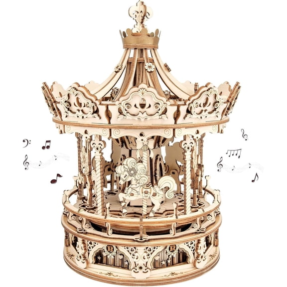 RKXQT 3D Wooden Puzzles Music Box - DIY Model Building Kit Mechanical Merry-go-Round Exquisite Display Gifts for Teens Man/Woman Family