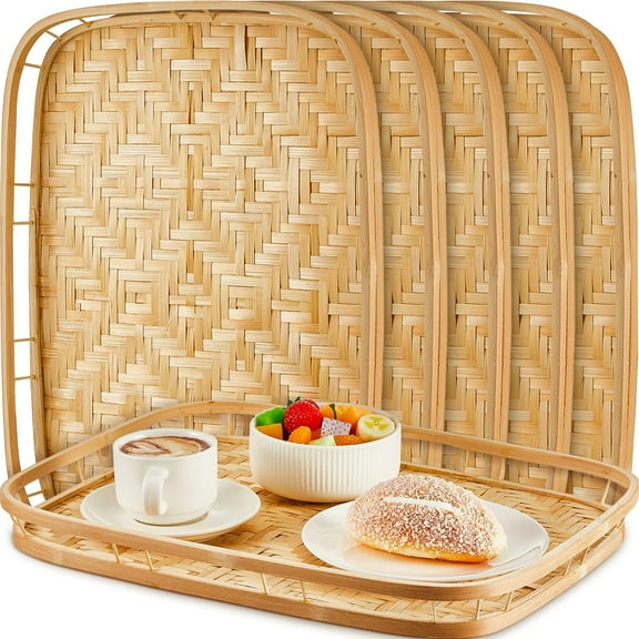 RKXQT 6 Pcs Bamboo Wicker Serving Trays 16.93 x 13 x 1.57 Inch Hand Woven Lap Trays for Eating Rectangular Flat Baskets Trays Decorative Bedroom Bed Tray for Eating Dinner Tray Fruit Snack Holder