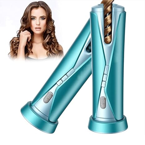 RKXQT Cordless Hair Curler Automatic Curling Iron with LCD Display 5 Temperature & Timer Fast Heating Rechargeable Automatic Hair Curler for Travel (Green)
