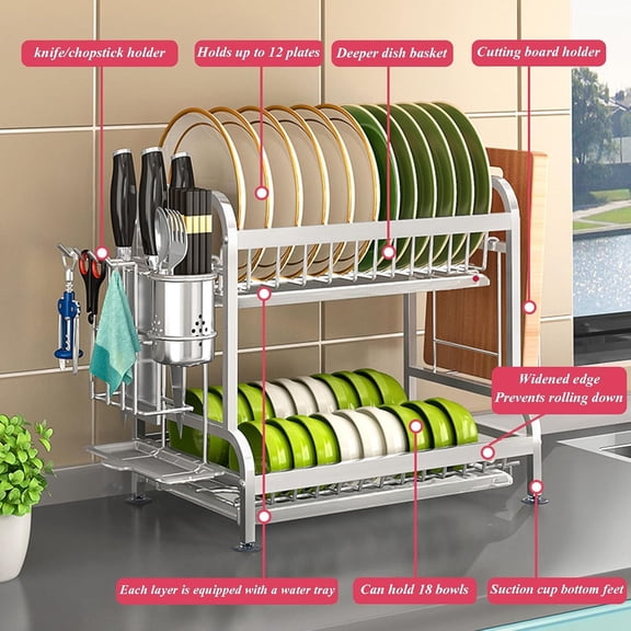 RKXQT Dish Drying Rack Plate Bowl Cup Book Pot Lid Cutting Board Drying Rack Stand Drainer Storage Holder Organizer Kitchen Counter with Cutlery Holder