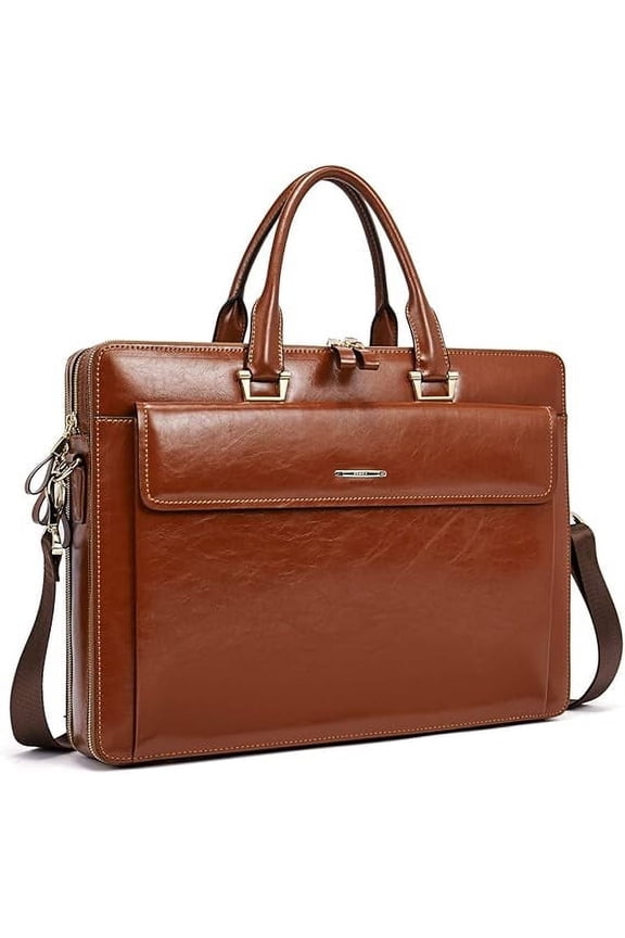 Leather 15.6 Inch Business Briefcase for Women with 2 Zipper Compartments Laptop bag