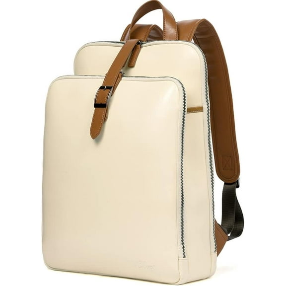 RKXQT Leather Laptop Backpack Purse for Women 15.6 Inch Travel Computer Backpack Business Bag College Daypack Beige With Brown