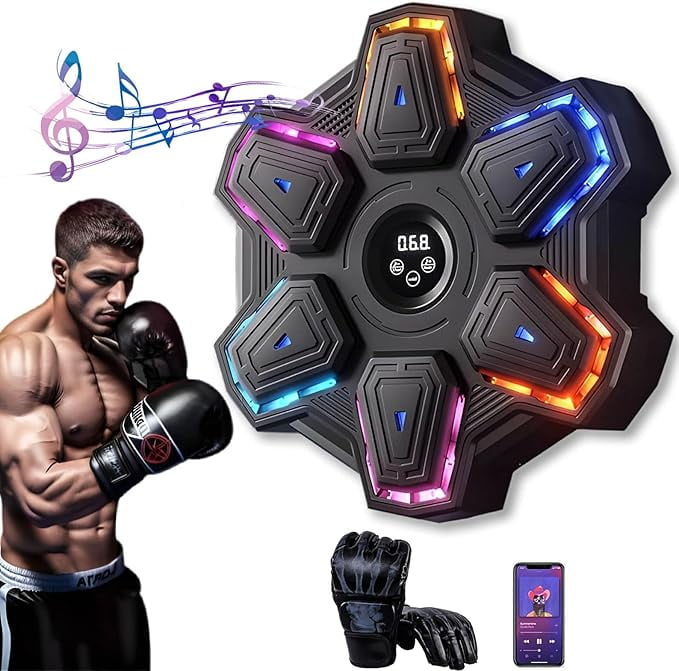 RKXQT Music Boxing Machine for Adults Kids, Smart Boxing Music Workout Machine with Boxing Gloves, Wall Mount Boxing Punching Pad,Boxing Training Equipment for Home & Gym Workouts (Black One Size)
