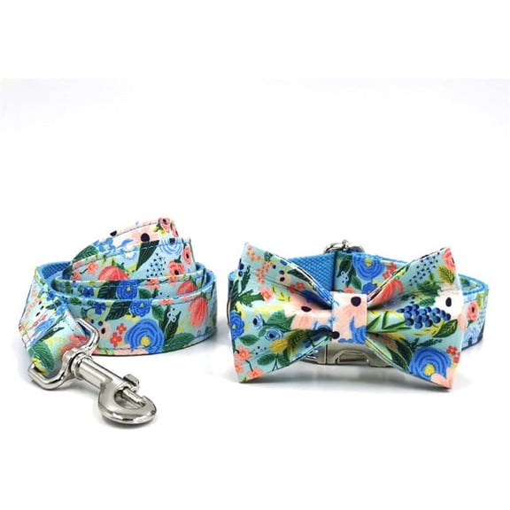 RKXQT Pet Collars for Dogs Engraving Customized Name Dog Collar Adjustable Bow Tie Dog Collar and Leash Set Blue Floral (Color : A Size : Small)