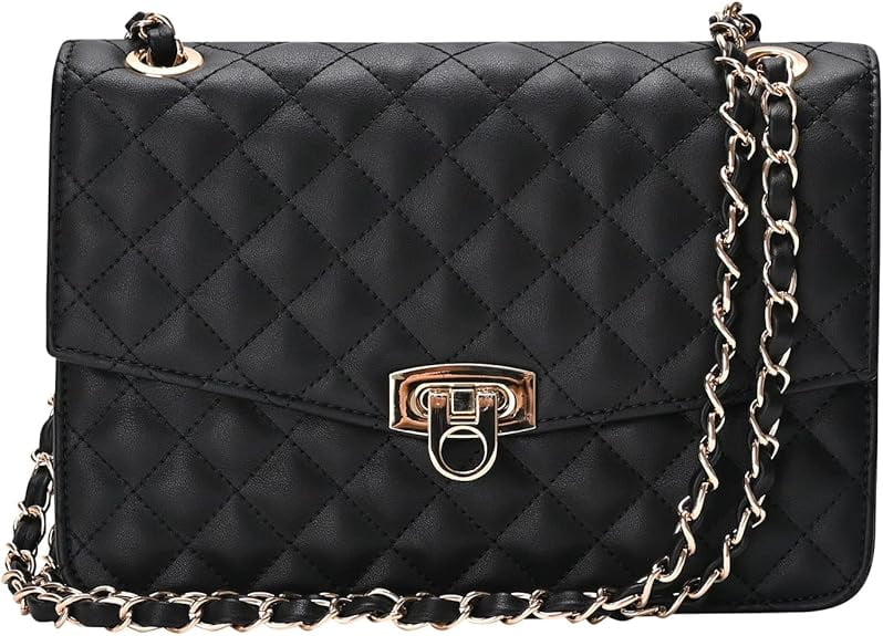 RKXQT Quilted Shoulder Bag for Women, Medium Flap Crossbody Handbag with Chain Strap, Soft Vegan Leather Clutch Purse  Blue Color: Black