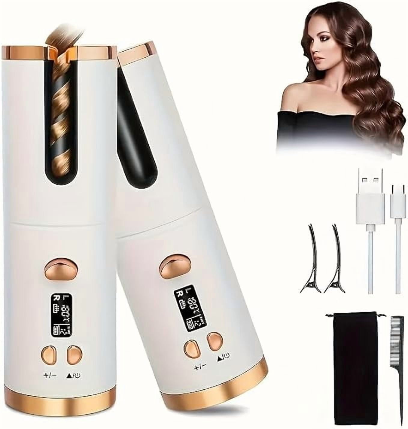 RKXQT Rechargeable Cordless Automatic Hair Curler - Adjustable Temperature & Timer, Portable Wireless Styling Tool with Easy Curl Direction Control (White Gold)