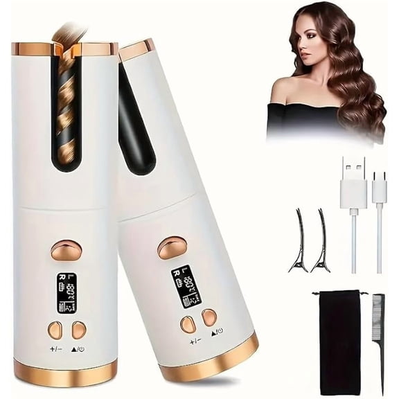 RKXQT Rechargeable Cordless Automatic Hair Curler - Adjustable Temperature & Timer, Portable Wireless Styling Tool with Easy Curl Direction Control (White Gold)