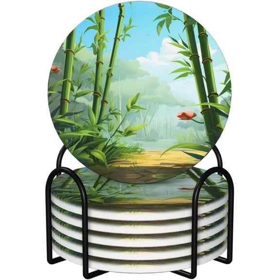 RKXQT Round Shape 6 Ceramic Coasters Spring Bamboo Picture : Non-Slip Cork Bottom Fits All Coffee Cups Glasses and Mugs A