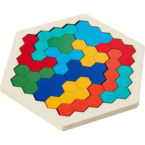 RKXQT Shape Pattern Block Tangram Brain Teaser Coogam Wooden Hexagon Puzzle for Kid Adults - Toy Geometry Logic IQ Game STEM Montessori Educational Gift for All Ages Challenge