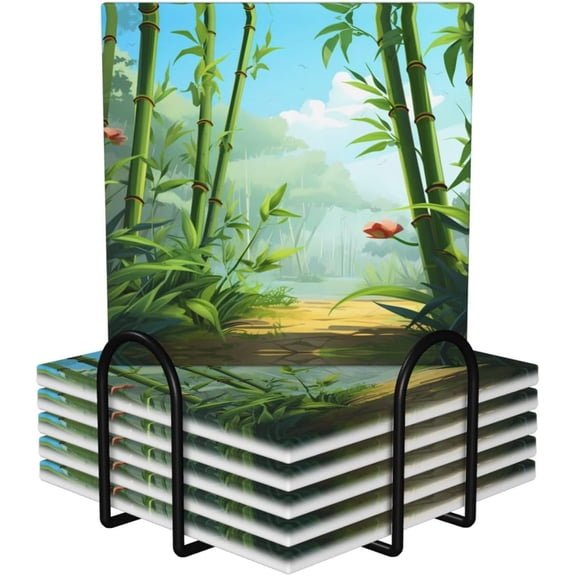 RKXQT  Square 6 Ceramic Coasters Spring Bamboo Picture : Non-Slip Cork Bottom Fits All Coffee Cups Glasses and Mugs C