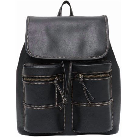 RKXQT Vintage Real Leather Backpacks For Men&Women Drawstring Flap Travel Shoulder Bags Cowhide Large Multi Pockets Knapsack(Black)