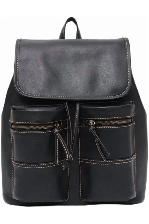 Vintage Real Leather Backpacks For Men&Women Drawstring Flap Travel Shoulder Bags Cowhide Large Multi Pockets Knapsack(Black)