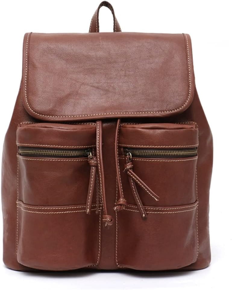 Vintage XL Genuine Cowhide Leather Backpack Brown Drawstring Buckle Flap Multi P Piel Leather Large Buckle-Flap Backpack 9726 Large Leather  main image 4