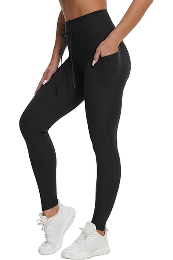 Women's High Waist Drawstring Stretchy Workout Leggings Ultra Soft Tummy Control Yoga Pants with Pockets Color: Black