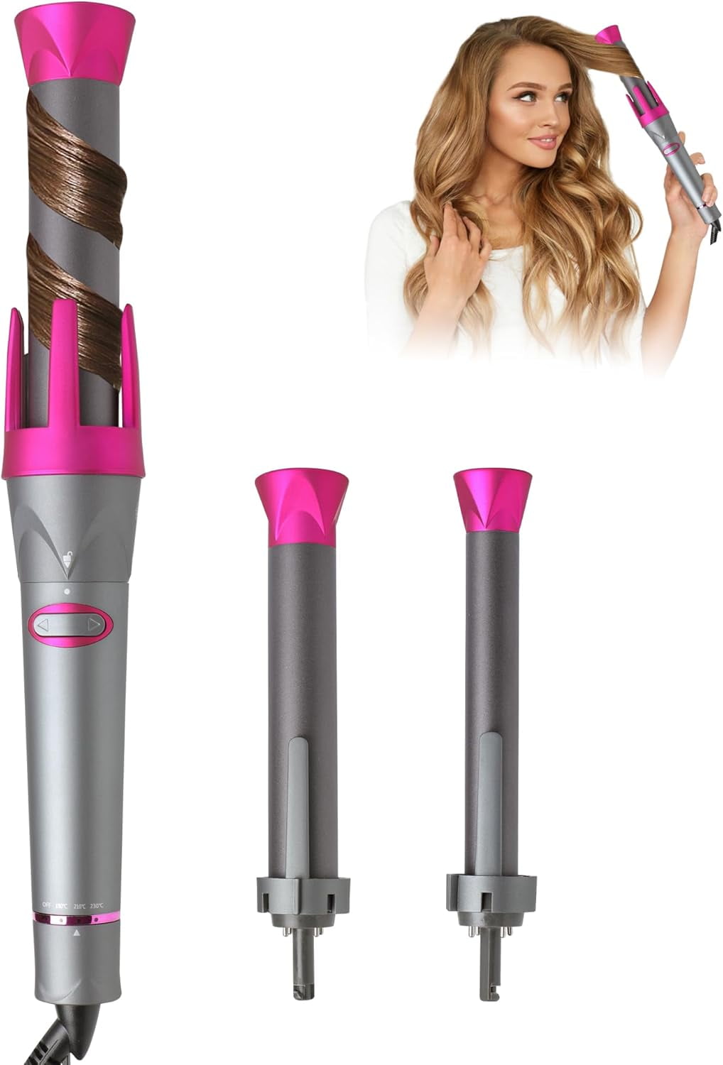 RKXQT3 in 1 Curling Iron Automatic Hair Styling Curler Wand Set with 3 Interchangeable Ceramic Coasting Barrels(0.75'' to 1.25'') Temperature Adjustments Fast Heat-UP 446°F for Long Medium Hair
