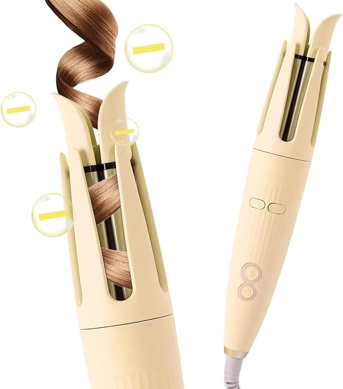 RKXQTAutomatic Hair Curling Iron Automatic Hair Curler Automatic Rotating with 3 Temperature Sets, Anti-Scald, Anti-Tangle Auto Curling Iron Rotating, Yellow