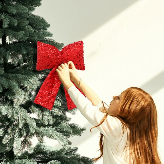 RKZDSR 11.8-Inch Sequined Christmas Bow - Decorative Hanging Ornament for Tree, Window & Holiday Decor (5 Colors: Gold/Red/Silver/Pink/Black)