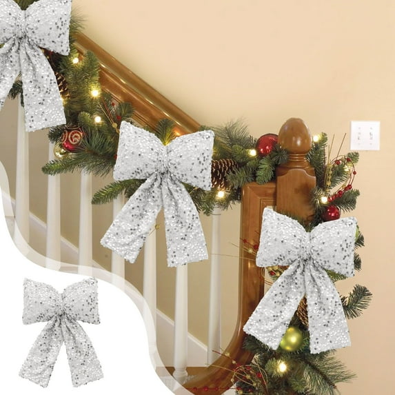 RKZDSR 11.8-Inch Sequined Christmas Bow - Decorative Hanging Ornament for Tree, Window & Holiday Decor (5 Colors: Gold/Red/Silver/Pink/Black)