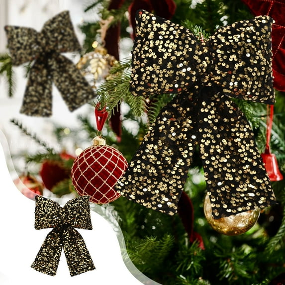 RKZDSR 11.8-Inch Sequined Christmas Bow - Decorative Hanging Ornament for Tree, Window & Holiday Decor (5 Colors: Gold/Red/Silver/Pink/Black)