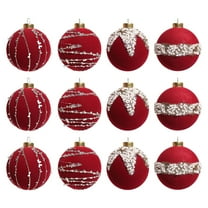 RKZDSR 12-Pack Flocked Christmas Ornaments with Beaded Details - 3 Inch Shatterproof Hanging Balls for Tree, Wreath & Holiday Decor (Red/Green/Gold)