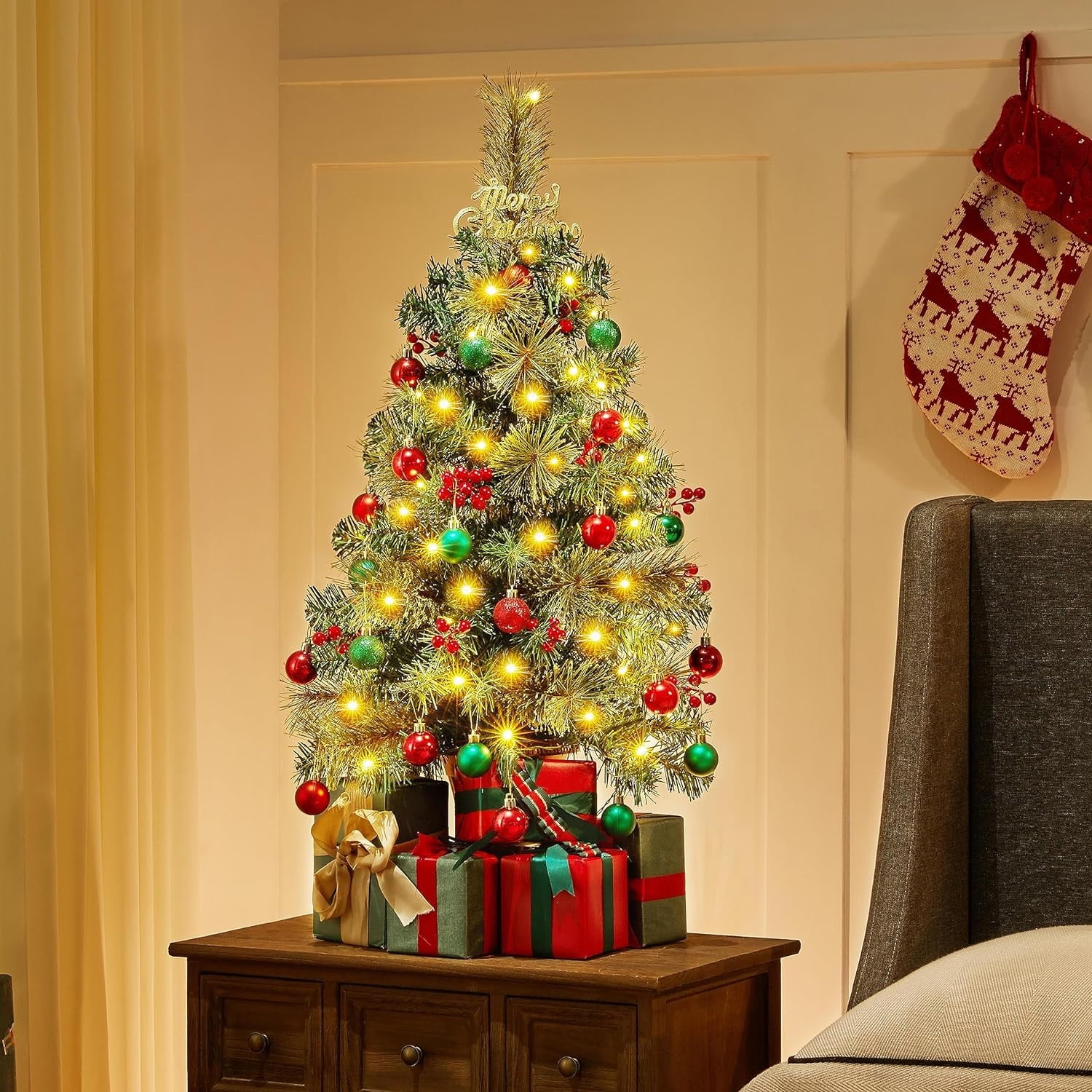 RKZDSR 3ft Prelit Tabletop Christmas Tree with 50 Warm White LED Lights, Stable Golden Urn Base