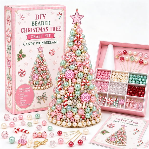 RKZDSR Beaded Christmas Tree Craft Kit, DIY Holiday Ornament Making Set with Beads and Decorations, Handmade Christmas Tree Tabletop Decor Kit for Adults and Beginners