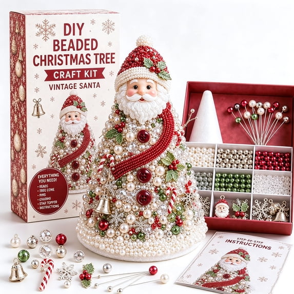 RKZDSR Beaded Christmas Tree Craft Kit, DIY Holiday Ornament Making Set with Beads and Decorations, Handmade Christmas Tree Tabletop Decor Kit for Adults and Beginners