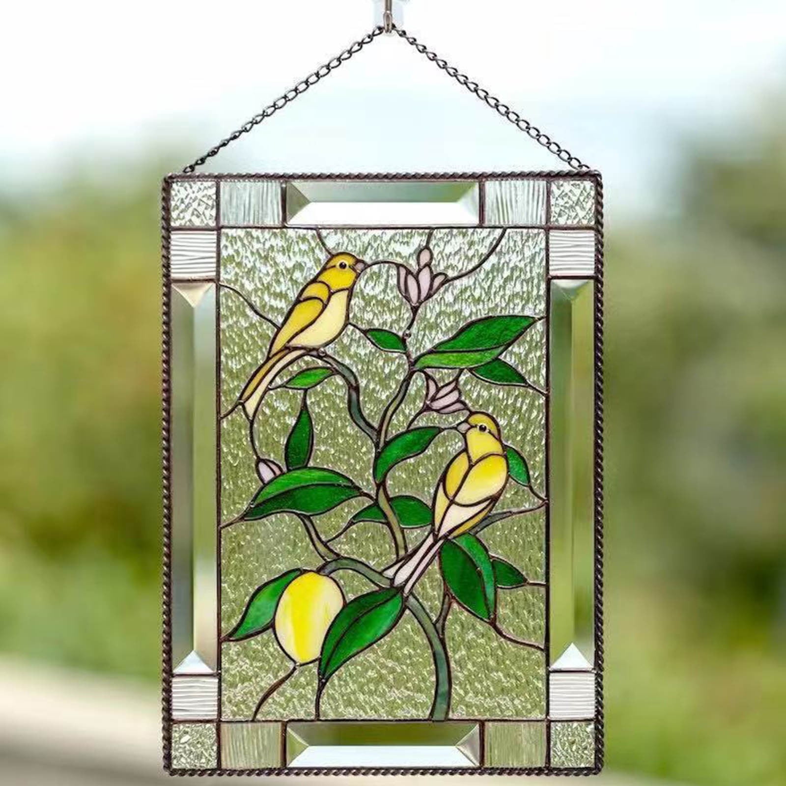 Vintage Resting Birds in The Tree newest - Stained Glass looking wood Hanging Panel