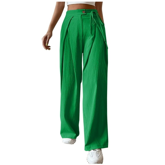 RKZDSR Casual Wide Leg Pants for Women Button High Waist Plus Size Straight Leg Solid Color Long Pant Loose Pant for Summer Petite Work Office Business Pants Green XL