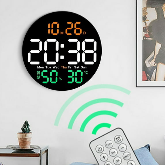 RKZDSR Digital Electronic Clock - Round Multifunctional Remote Control Wall Clock for Living Room and Home Decoration - Silent Operation, Color Screen Display