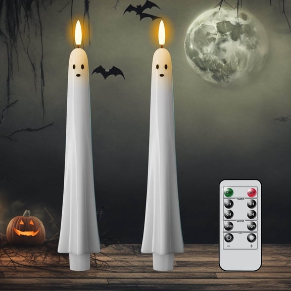 RKZDSR Halloween Ghost Flameless Taper Candles Set with Remote and Timer, Battery Operated LED Flickering Spooky Ghost Face Wax Candles, Real Wax Look Halloween Tabletop Decor for Home Party