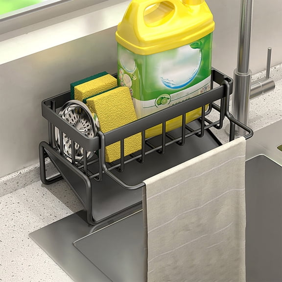 RKZDSR Kitchen Sink Organizer Rack - Compact Sponge Stand for Soap, Brush, and Cleaning Supplies - Stylish Stainless Steel Drainage Holder for Kitchen & Bathroom - Easy Clean & Rust-Resistant Design