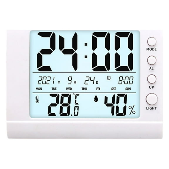 RKZDSR Large Screen Digital Hygrometer Alarm Clock - Indoor Temperature & Humidity Monitor with Night Light, Wall Mountable, Accurate Measurement - White ABS, Range -20°C to +70°C / 10%RH to 90%RH