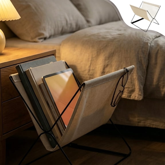 RKZDSR Minimalist Canvas Magazine Rack with Black Metal Frame, Freestanding Magazine Holder Organizer for Books Newspapers Vinyl Records Office Files Living Room Bedroom Storage