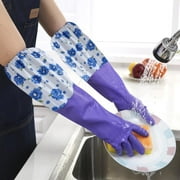 RKZDSR Non-Slip Household Cleaning Gloves with Floral Design, Long Rubber Velvet Gloves for Dishwashing and Cleaning