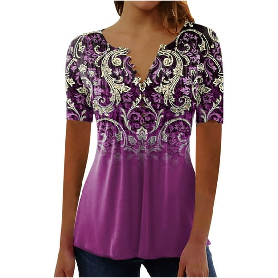 RKZDSR Plus Size Loose Fit Blouses Cute Rabbit Tees Womens Short Sleeve Tshirts Floral Print Peplum Tunic Shirts Button Henley V Neck Tops Aztec Style Shirts Hot Pink XXL