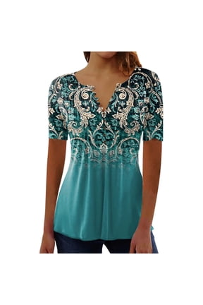 Plus Size Loose Fit Blouses Cute Rabbit Tees Womens Short Sleeve Tshirts Floral Print Peplum Tunic Shirts Button Henley V Neck Tops Aztec Style Shirts Mint Green XXXL